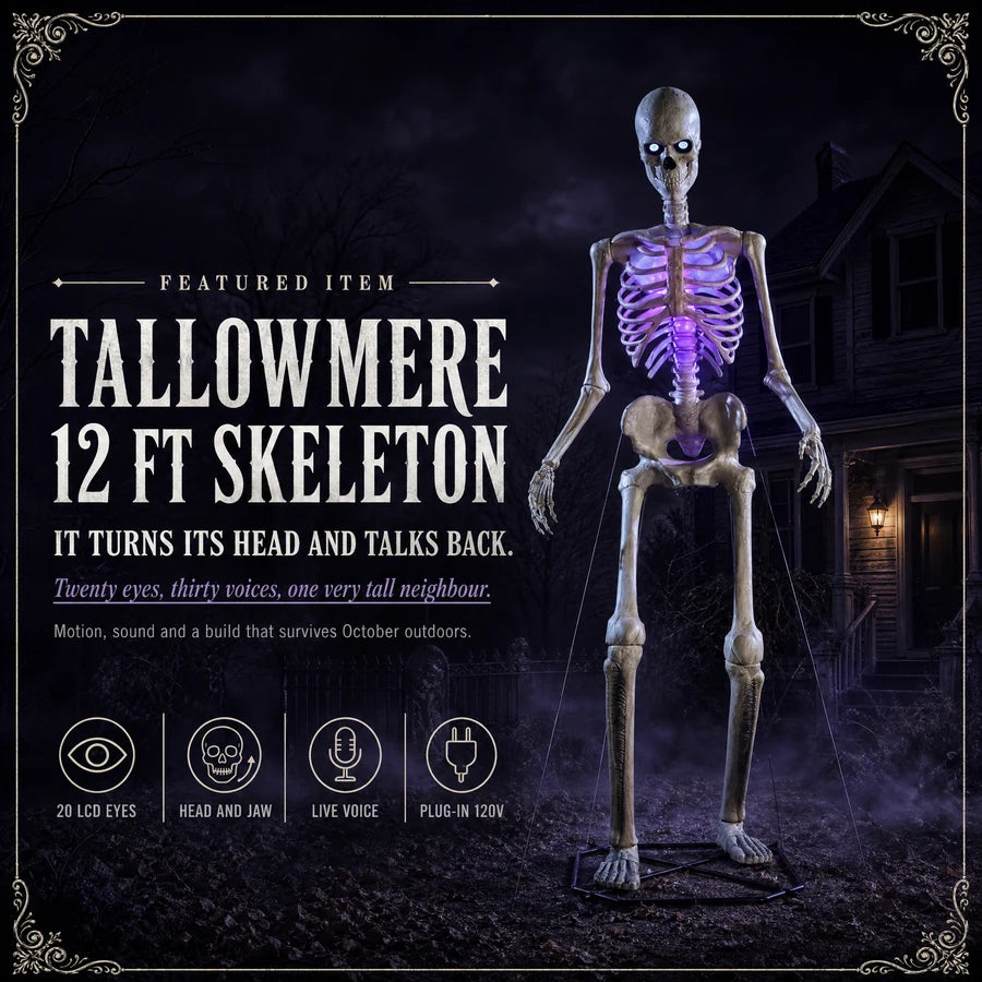 Featured item card: Tallowmere 12 ft giant skeleton lit violet in a night yard, with its four seals