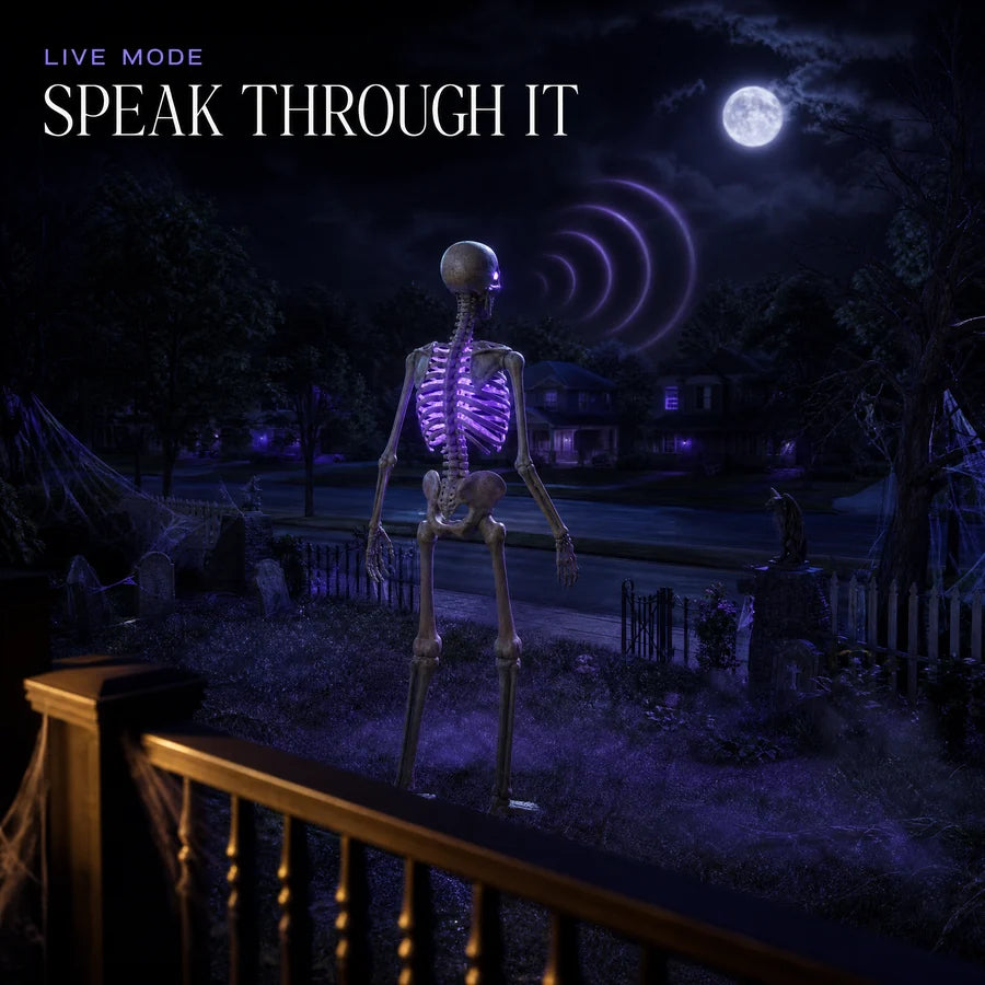 Seen from the porch at night, three arcs of light carrying a voice out to the street