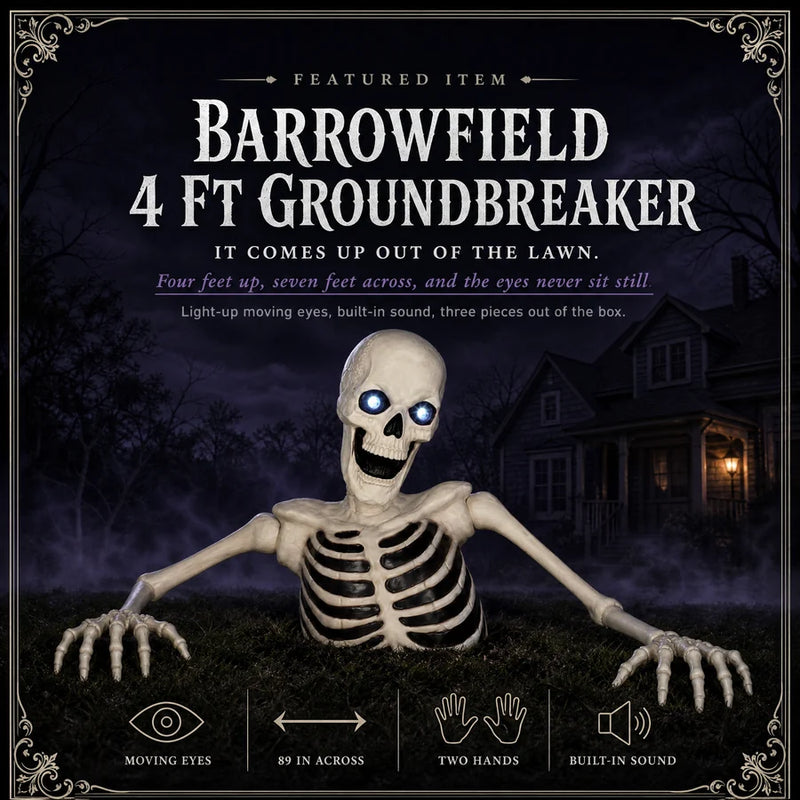 Framed featured card: the groundbreaker lit on a night lawn under the product name, with four outline seals
