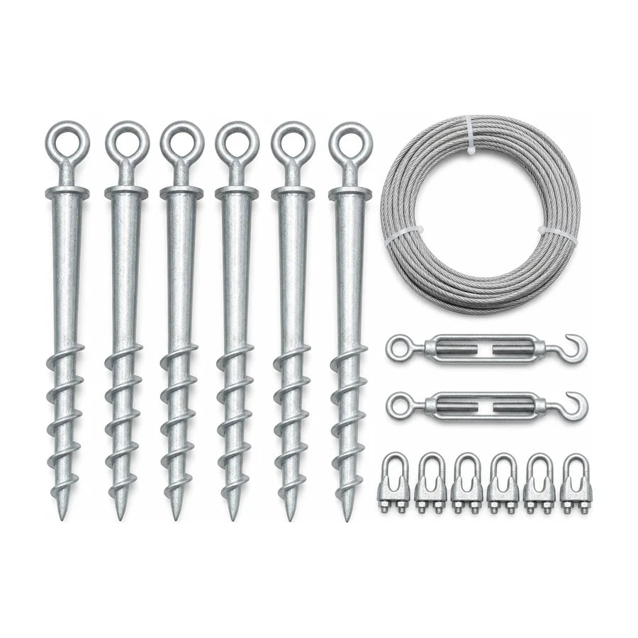 Helical ground stakes, steel cable, tensioners and prop clips laid out flat