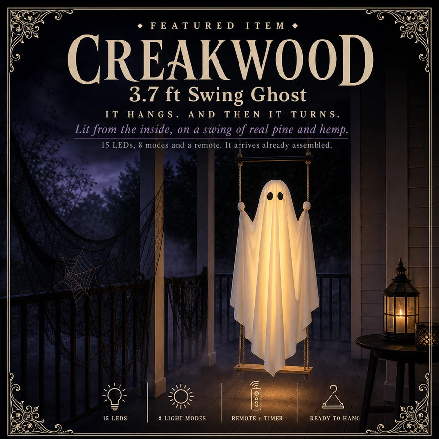Lit ghost seated on a wooden plank swing, hanging from ropes