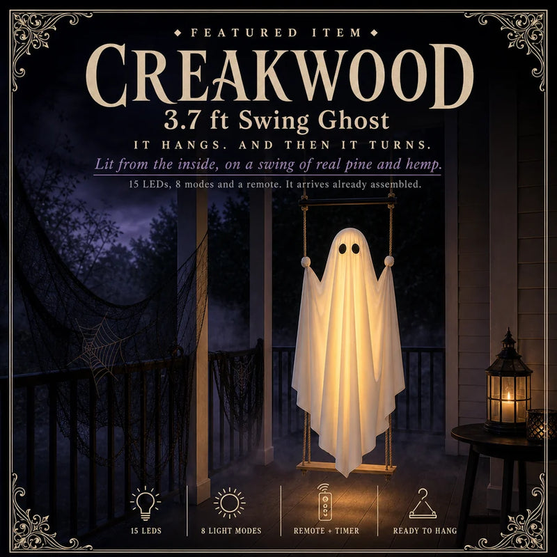 Lit ghost seated on a wooden plank swing, hanging from ropes