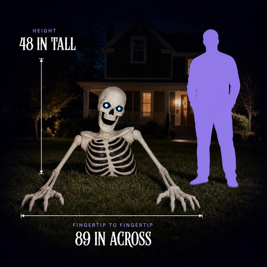 Scale diagram: the groundbreaker measured 48 in tall and 89 in across, beside a lilac human silhouette