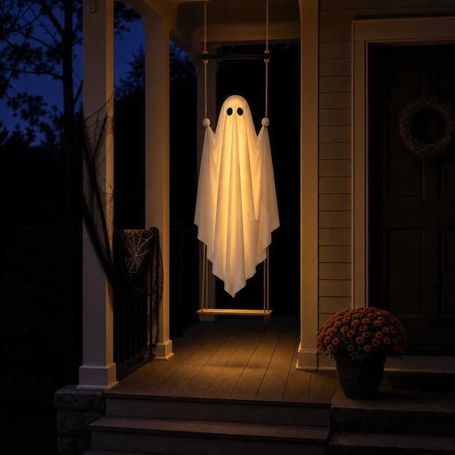 The same swing ghost glowing after dark on the porch